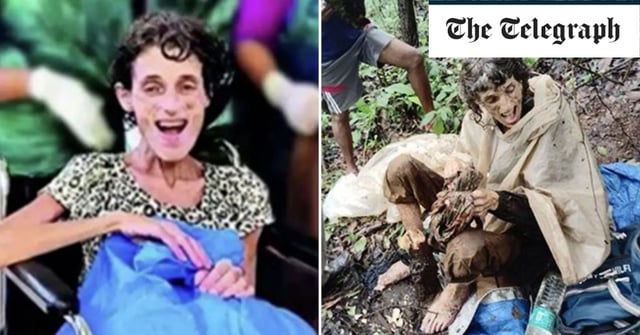 Lalita Kayi Kumar is wheeled away by rescuers, left, after being found, right, changed to a tree in the forest