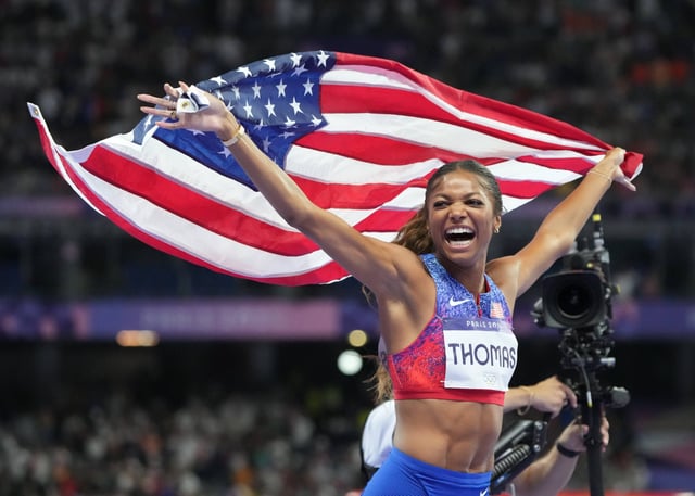 Aug 6, 2024; Saint-Denis, FRANCE; Gabrielle Thomas (USA) in the women's 200m final during the Paris 2024 Olympic Summer Games at Stade de France. Mandatory Credit: Kirby Lee-USA TODAY Sports