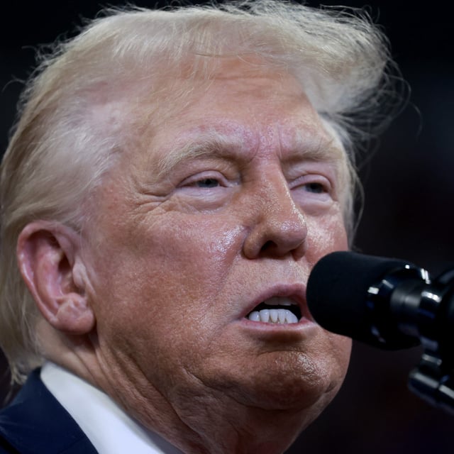 Donald Trump speaks during a campaign rally at the Georgia State University Convocation Center on August 03, 2024 in Atlanta, Georgia. Trump could seek to pardon himself from criminal charges on federal charges of alleged election fraud. (Photo by Joe Raedle/Getty Images)