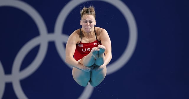 Alison Gibson of Team United States competes in the Women's 3 meter Springboard Preliminaries on day 12 of the 2024 Olympic Games Thursday in Paris. (Amin Mohammad Jamali / Getty Images)