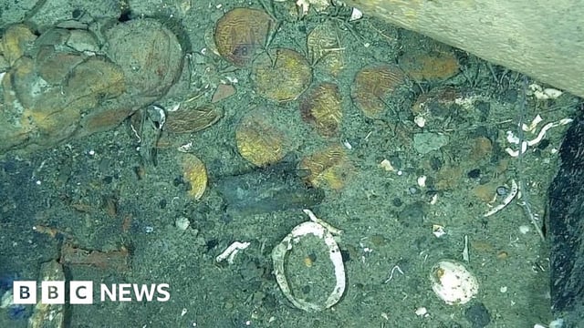 Coins lie at the bottom of the sea among the wreckage of the Spanish galleon San Jose