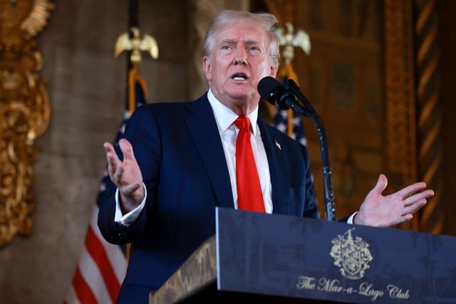 Republican presidential candidate former President Donald Trump speaks during a press conference at his Mar-a-Lago estate.