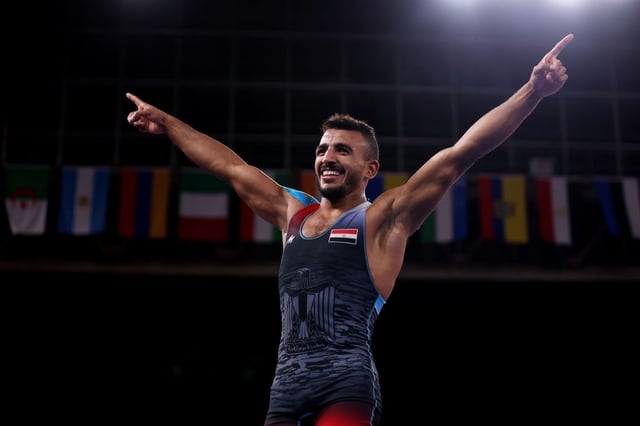 Mohamed Ibrahim Elsayed of Team Egypt celebrates defeating Artem Surkov of ROC during the Men’s Greco-Roman 67kg Bronze Medal Match on day twelve of the Tokyo 2020 Olympic Games at Makuhari Messe Hall in Chiba, Japan, on August 04, 2021.