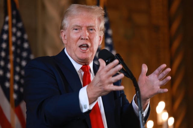 PALM BEACH, FLORIDA - AUGUST 08: Republican presidential candidate former President Donald Trump speaks during a press conference at his Mar-a-Lago estate on August 08, 2024, in Palm Beach, Florida. Polls currently show a close race between Trump and Democratic presidential candidate, U.S. Vice President Kamala Harris. (Photo by Joe Raedle/Getty Images)