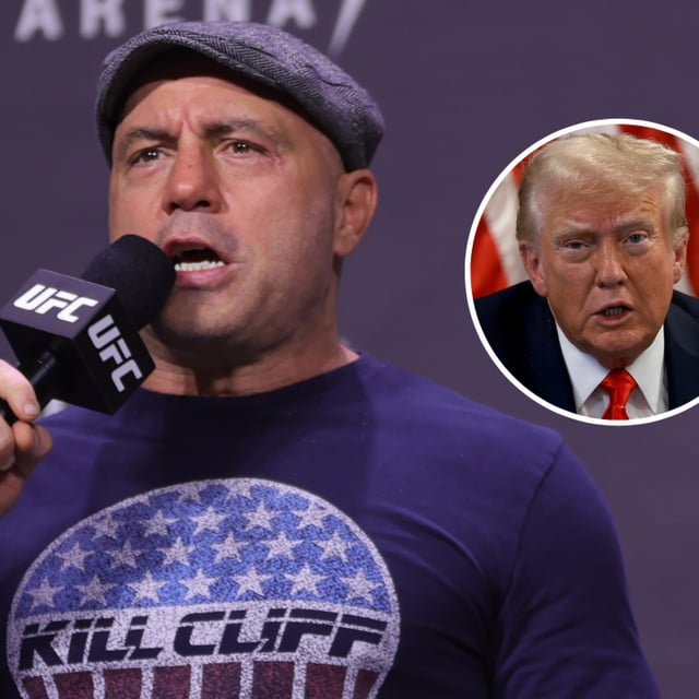 Joe Rogan (L) introduces fighters during the UFC 269 ceremonial weigh-in at MGM Grand Garden Arena on December 10, 2021 in Las Vegas, Nevada. (R)  Donald Trump holds a round table discussion with Black business owners before his rally at the Georgia State University Convocation Center on August 03, 2024, in Atlanta, Georgia. Rogan went viral for poking fun at the former president.