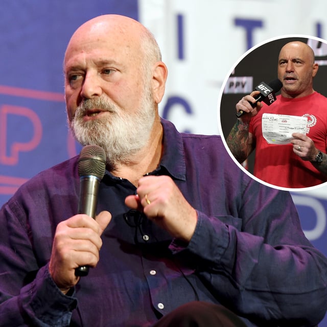 Rob Reiner at the "LBJ" panel during Politicon at the Pasadena Convention Center on July 29, 2017 in Pasadena, California. (Inset) Joe Rogan announces the fighters during a ceremonial weigh in for UFC 264 at the T-Mobile Arena on July 9, 2021 in Las Vegas, Nevada. Reiner's recent comment on Rogan and Republican presidential nominee Donald Trump has gone viral on social media.