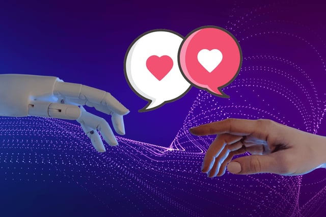 OpenAI warns users against forming emotional bond with its GPT-4o chatbot. This image features a robotic hand reaching out towards a human hand, symbolizing interaction between technology and humanity. Above, two speech bubbles contain heart icons, representing emotional communication or bonding. The background is a vibrant blue with purple digital wave patterns, emphasizing the theme of technology and digital connectivity.