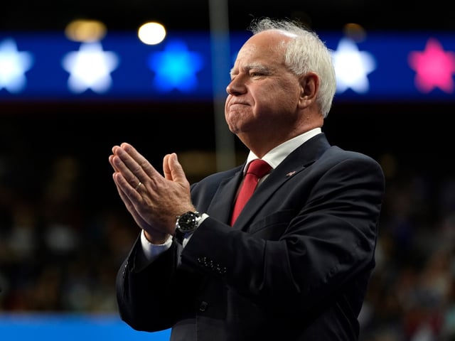 Democratic vice presidential nominee Minnesota Gov. Tim Walz speaks at a campaign rally, Saturday, Aug. 10, 2024, in Las Vegas. (AP Photo/Julia Nikhinson)