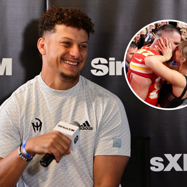 Patrick Mahomes participates in SiriusXM's NFL Radio Town Hall with Andy Reid and the Kansas City Chiefs at Missouri Western State University on August 13, 2024 in St Joseph, Missouri. (Inset) Travis Kelce kisses Taylor Swift after defeating the San Francisco 49ers 25-22 during Super Bowl LVIII at Allegiant Stadium on February 11, 2024 in Las Vegas, Nevada. Mahomes' comment about Kelce and Swift during the SiriusXM interview is gaining traction online.