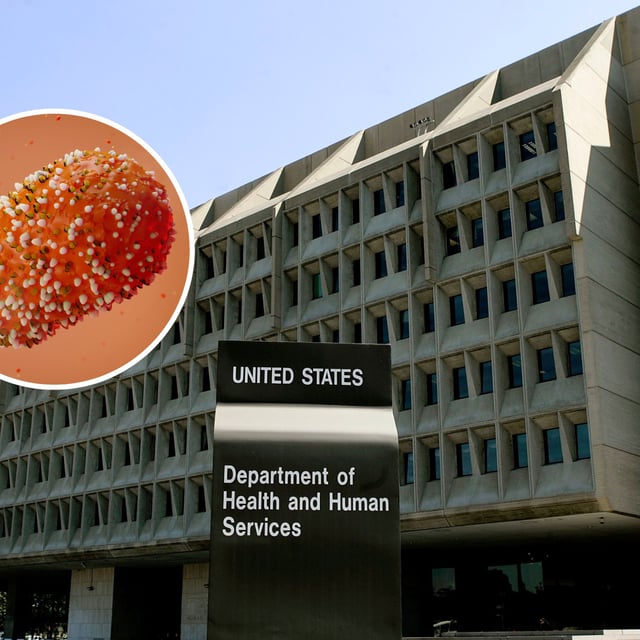Photo of the Department of Health and Human Services with an inset of the mpox virus. The department have responded to the WHO's recent declaration that the outbreak is a public health emergency of international concern.