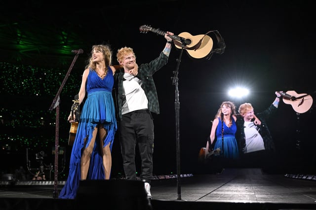 Taylor Swift and Ed Sheeran perform onstage during "Taylor Swift | The Eras Tour" at Wembley Stadium, in London, on August 15, 2024.