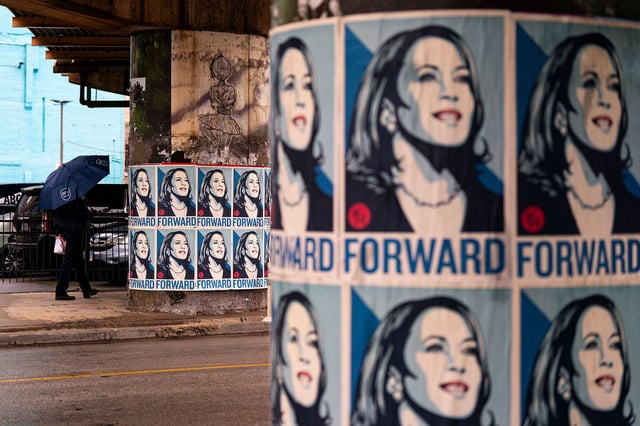 Posters of Vice President Kamala Harris in the Loop neighborhood of Chicago ahead of the Democratic National Convention on Thursday.