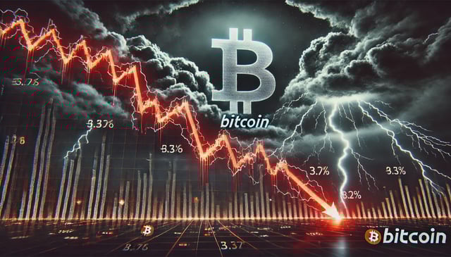 A digital graph showing Bitcoin's price plummeting against a dark, stormy background