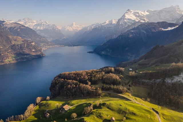 Stunning landscape above the Seelisberg and the famous Rutli meadow by lake Lucerne in Canton Uri in Central Switzerland with alps mountain in the backgroud