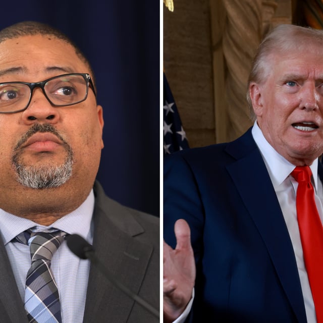 On the left, Manhattan District Attorney Alvin Bragg speaks during a press conference at the Louis J. Lefkowitz State Office Building on March 21, 2024, in New York City. On the right, former President Donald Trump speaks during a press conference at Mr. Trump's Mar-a-Lago estate on August 08, 2024, in Palm Beach, Florida. Bragg’s office on Monday said it would defer to Judge Juan Merchan regarding Trump’s recent request to delay his “hush money” case sentencing.