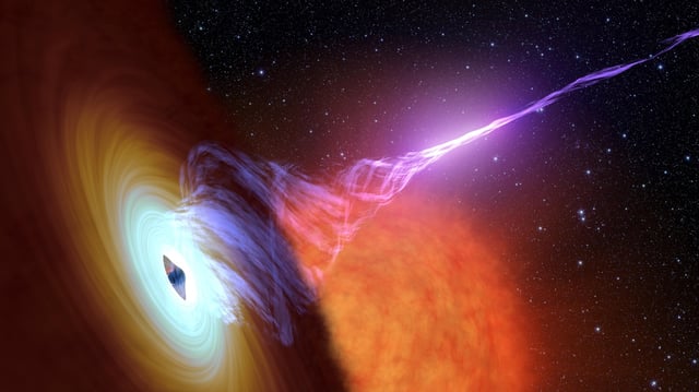 This artist's concept shows a black hole with an accretion disk -- a flat structure of material orbiting the black hole—and a jet of plasma.