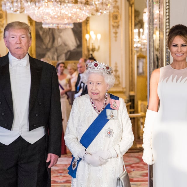 Donald Trump, Queen Elizabeth II and Melania Trump photographed at Buckingham Palace, June 2019. A new book claims that the monarch "believed" the Trumps had an "arrangement" in their marriage.
