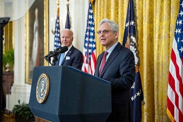 Merrick Garland giving remarks during a ceremony