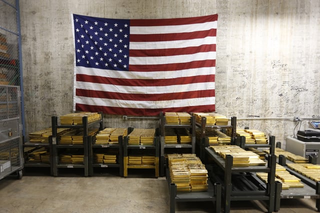 Gold bars are stacked in a vault at the U.S. Mint in West Point, New York, on July 22, 2014. (Mike Groll - File / AP)