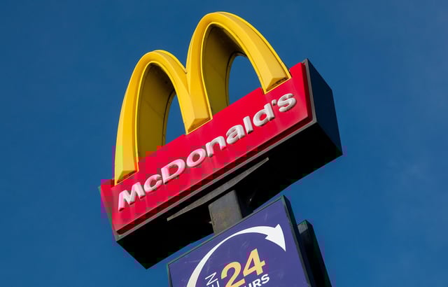 SEDGEMOOR, UNITED KINGDOM - FEBRUARY 25: The Golden Arches and Drive Thru logo of the fast food restaurant McDonald's at the Sedgemoor Services on the M5 motorway, on February 25, 2024 in Bristol, England. Founded in 1940, American multinational fast food chain McDonald's Corporation, best known for its Big Mac hamburgers, cheeseburgers and French fries, is the world's largest fast food restaurant chain.  (Photo by Matt Cardy/Getty Images)