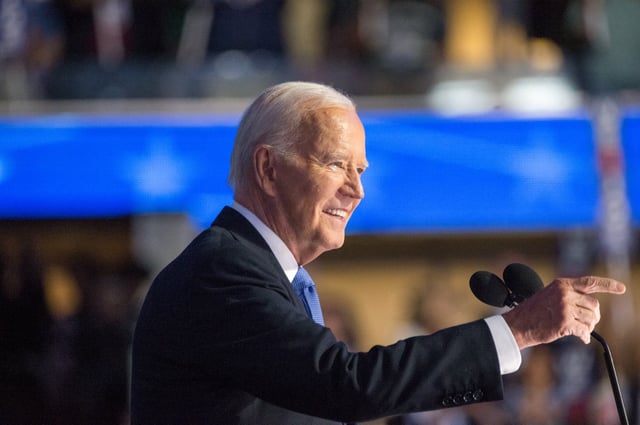 CHICAGO, ILLINOIS, UNITED STATES - AUGUST 19: President of the United States Joe Biden speaks during the 2024 Democratic National Convention in Chicago, Illinois, United States on August 19, 2024. (Photo by Jacek Boczarski/Anadolu via Getty Images)