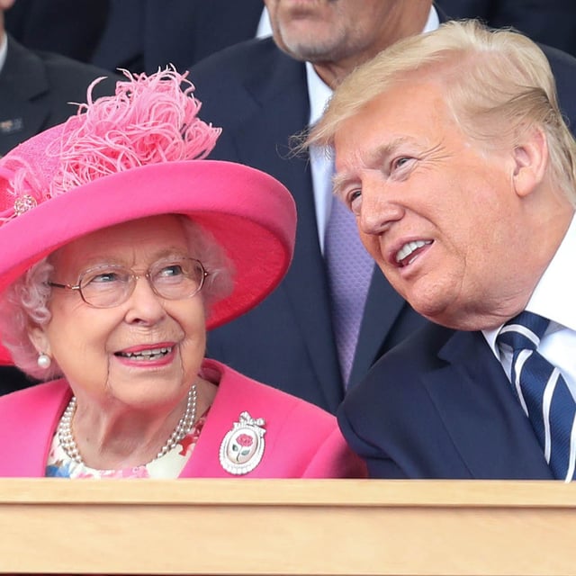 Queen Elizabeth II and then-President Donald Trump attend the D-day 75 Commemorations on June 5, 2019 in Portsmouth, England. Trump has denied claims the late queen thought he was "rude."