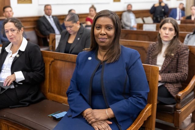 New York Attorney General Letitia James looks on as she attends former U.S. President Donald Trump's Manhattan courthouse trial in a civil fraud case, in New York, U.S., October 18, 2023.