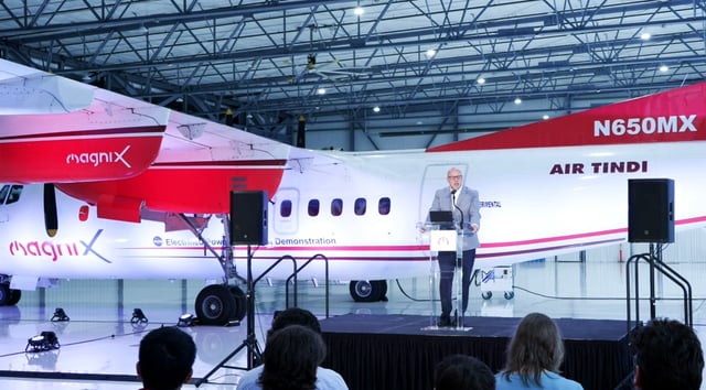 MagniX CEO Reed Macdonald speaks at the unveiling of a test airplane at Boeing Field. (MagniX via Vimeo)