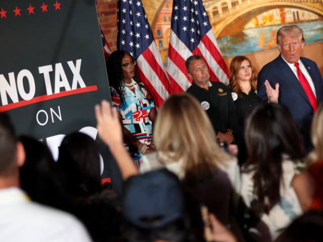 Former US President and Republican presidential candidate Donald Trump speaks about "No Tax on Tips" at "Il Toro E La Capra" Restaurant in Las Vegas, Nevada, August 23, 2024. (Photo by Ellen SCHMIDT / AFP) (Photo by ELLEN SCHMIDT/AFP via Getty Images)