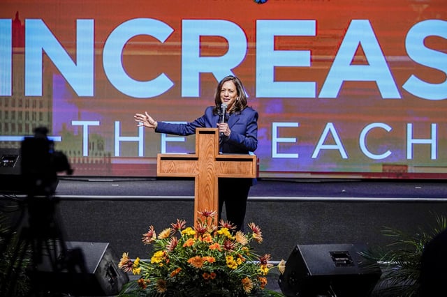 Kamala Harris speaks at Triumph Church on Oct. 25, 2020, in Southfield, Mich.