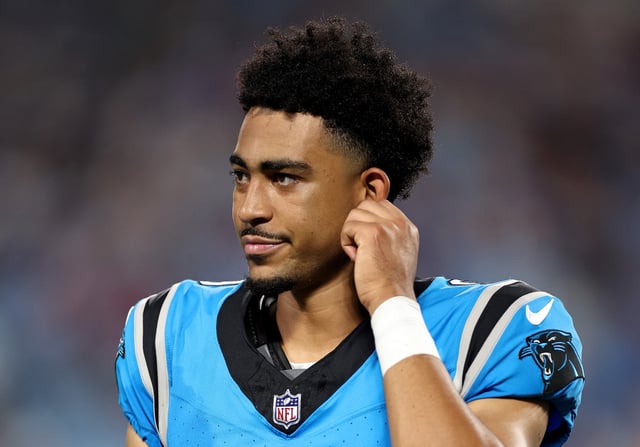Bryce Young #9 of the Carolina Panthers looks on during the second quarter of a preseason game against the Detroit Lions at Bank of America Stadium on August 25, 2023 in Charlotte, North Carolina.