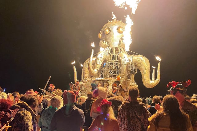 Attendees dance during the Burning Man Festival on September 5, 2023.