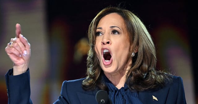 US Vice President and 2024 Democratic presidential candidate Kamala Harris speaks on the fourth and last day of the Democratic National Convention (DNC) at the United Center in Chicago, Illinois on Thursday. (ANDREW CABALLERO-REYNOLDS - AFP / Getty Images)