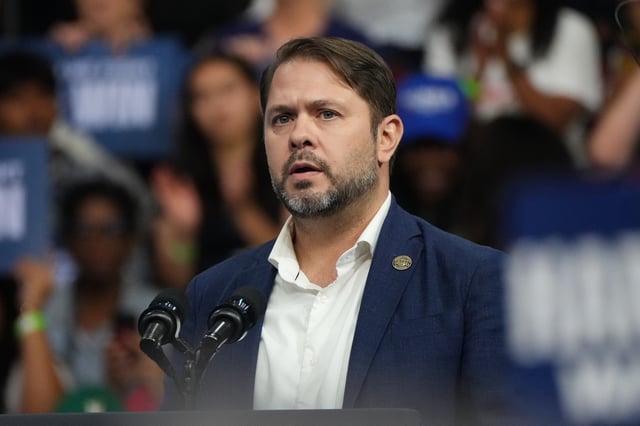 U.S. Rep. Ruben Gallego takes the stage on Aug. 9, 2024, at Desert Diamond Arena in Glendale.
