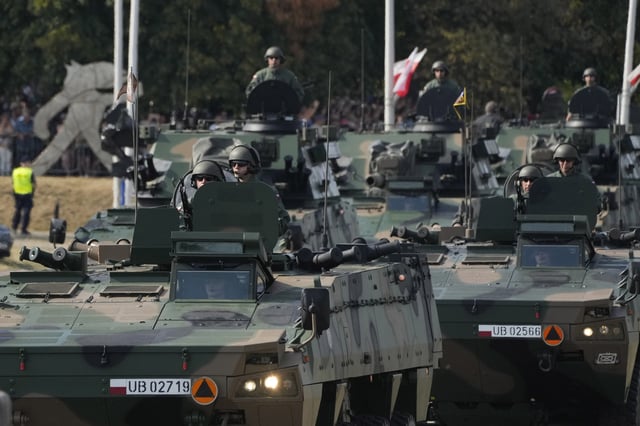 Poland's military parade during the annual observances on Poland's armed forces holiday in Warsaw, Poland, on August 15, 2024. (Czarek Sokolowski - File / AP)
