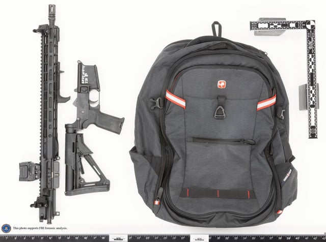 Thomas Crooks’ rifle broken down as was likely done for transport and the backpack recovered onsite. Note: Markings on lower receiver are by the FBI.