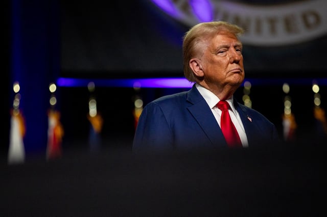 Republican presidential nominee, former U.S. President Donald Trump during the National Guard Association of the United States' 146th General Conference & Exhibition at Huntington Place Convention Center on August 26, 2024 in Detroit, Michigan.