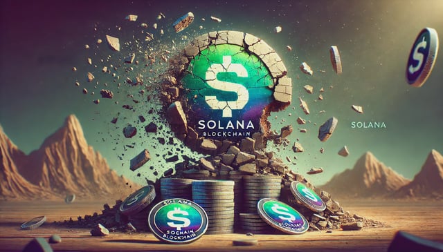 Solana blockchain logo crumbling apart, with stacks of coins toppling over in the foreground