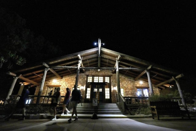 Guests leave the Bright Angel Lodge, in Grand Canyon, Ariz., on Aug. 28, 2024. 
