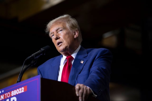 POTTERVILLE, MICHIGAN - AUGUST 29: Former U.S. President and current Republican Presidential nominee Donald Trump speaks about the economy, inflation, and manufacturing during a campaign event at Alro Steel on August 29, 2024 in Potterville, Michigan. Michigan is considered a key battleground state in the upcoming November Presidential election. (Photo by Bill Pugliano/Getty Images)