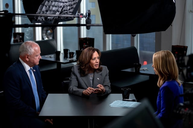 Minnesota Gov. Tim Walz and Vice President Kamala Harris are interviewed by CNN’s Dana Bash at Kim’s Cafe in Savannah, Georgia, on August 29, 2024. This is the first time Harris has sat with a journalist for an in-depth, on-the-record conversation since President Joe Biden ended his presidential bid in July.