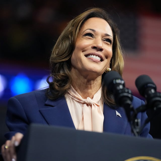 Democratic presidential candidate, U.S. Vice President Kamala Harris speaks during a campaign rally with Democratic vice presidential candidate Minnesota Gov. Tim Walz at the Liacouras Center at Temple University on August 6, 2024 in Philadelphia, Pennsylvania. Amid the 2024 election, the Philadelphia Eagles are aiming to remove a counterfeit political endorsement advertisement of Vice President Kamala Harris on Monday.
