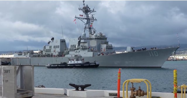 USS William P. Lawrence (DDG 110), an Arleigh Burke-class guided-missile destroyer, returns to Joint Base Pearl Harbor-Hickam after rescuing a woman, child, cat and tortoise from their sailing vessel 925 miles off Honolulu, Hawaii, Aug. 29, 2024.