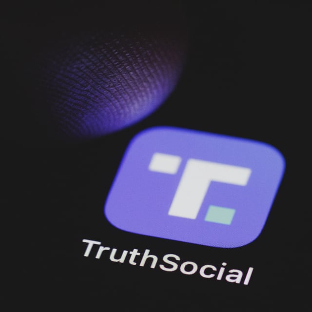 The Truth Social app on the display of a smartphone. The Trump Media stock has seen the lowest drop in cost since the stock joined the market on the Nasdaq stock market in March.