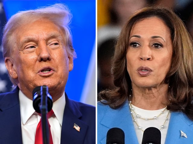 This combination photo shows Republican presidential nominee former President Donald Trump at an event, Aug. 15, 2024, in Bedminster, N.J., left, and Democratic presidential nominee Vice President Kamala Harris at a campaign event in Raleigh, N.C., Aug. 16, 2024. (AP Photo)