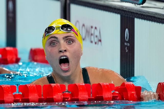 Australia's Alexa Leary reacts after winning the women's 100 m. Freestyle S9 at the 2024 Paralympics, on Wednesday, September 4, 2024, in Paris, France.
