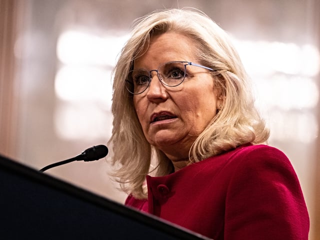 WASHINGTON, DC - JUNE 13: Liz Cheney, former Republican representative from Wyoming, speaks after being presented with the Paul H. Douglas Award for Ethics in Government on June 13, 2023 in Washington, DC. Cheney has been outspoken in her criticism of former President Donald Trump and the danger he poses to the U.S. (Photo by Anna Rose Layden/Getty Images)