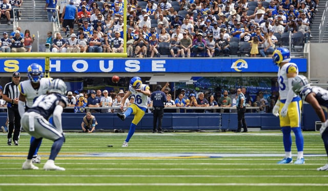 Los Angeles Rams place kicker Joshua Karty kicks-off to the Dallas Cowboys in Inglewood, Calif., on Aug. 11,  2024. 