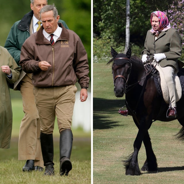 HM Queen Elizabeth II and her Stud Groom Terry Pendry (LEFT) attend day 4 of the Royal Windsor Horse show on May 15, 2009 in Windsor, England. (RIGHT) Queen Elizabeth II rides Balmoral Fern, a 14-year-old Fell Pony, in Windsor Home Park on May 31, 2020. Pendry opened up on the last time the queen rode the pony.