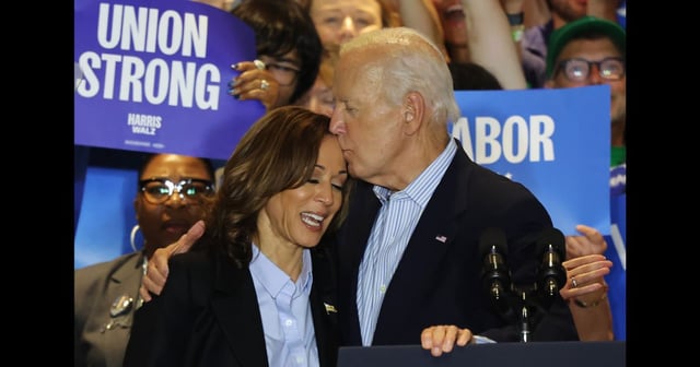 Democratic presidential nominee, U.S. Vice President Kamala Harris is embraced by U.S. President Joe Biden during a campaign event at IBEW Local Union #5 on September 2, 2024 in Pittsburgh, Pennsylvania. (Michael M. Santiago / Getty Images)